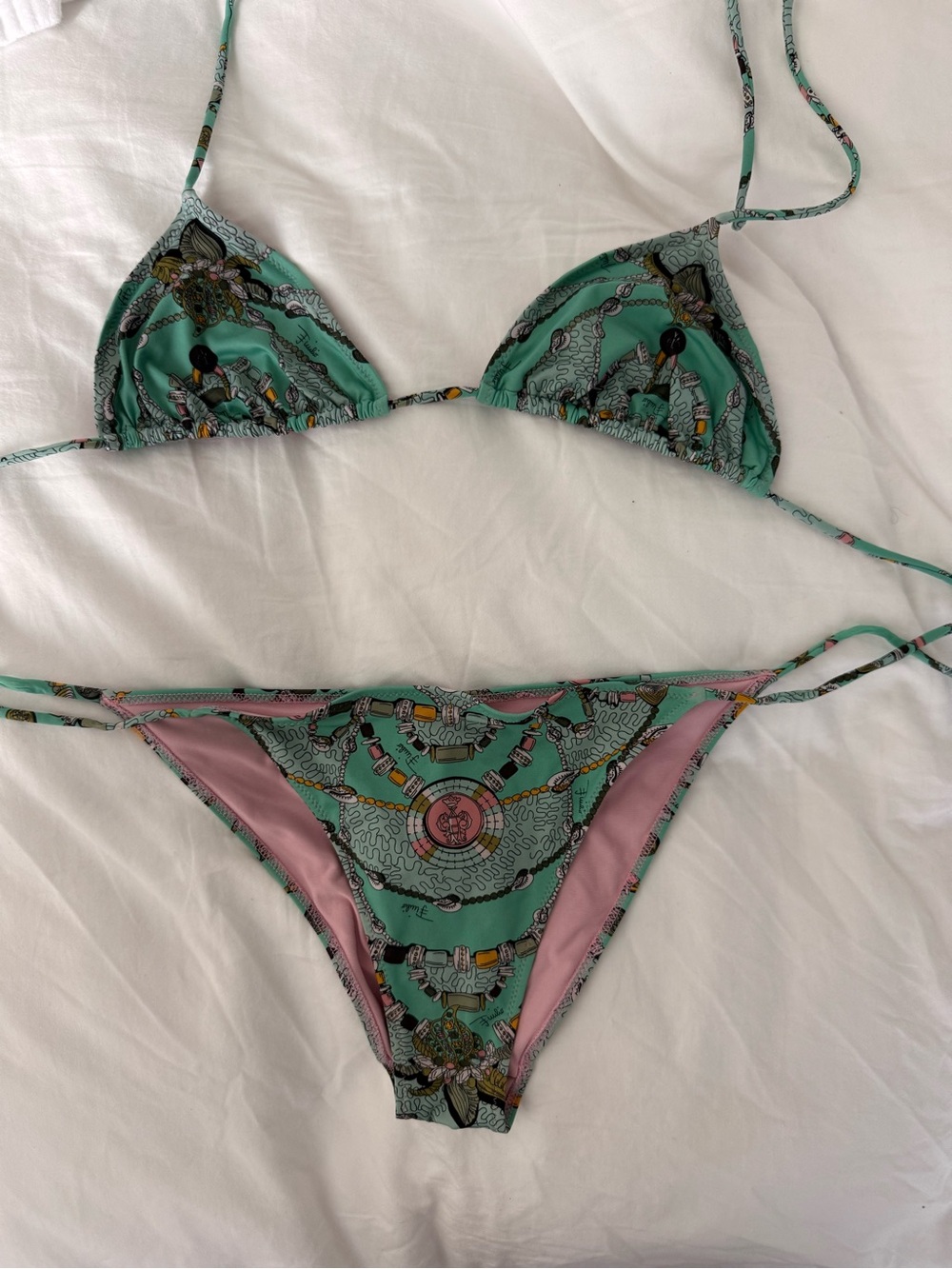 Emilio Pucci Mint Green and Pink Printed String Bikini